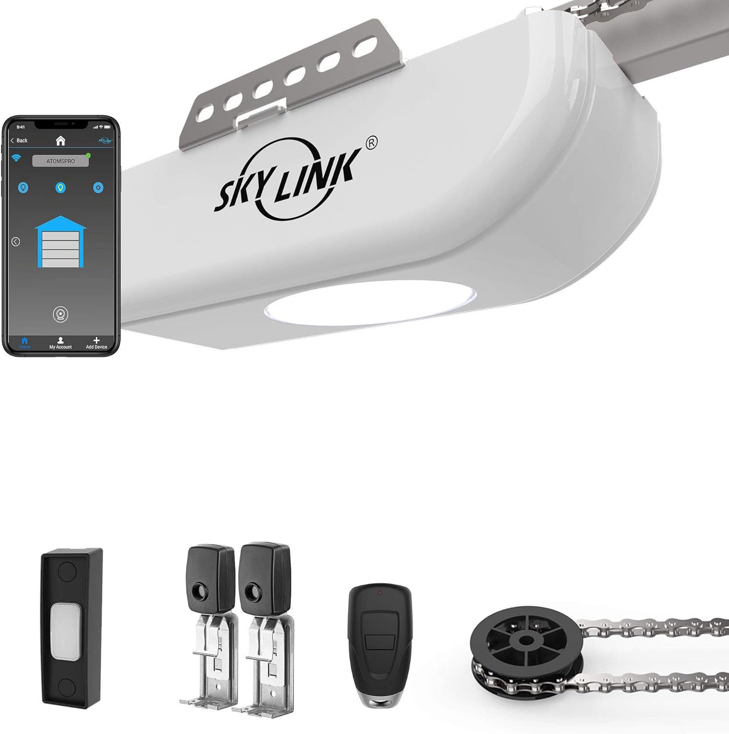 1/2 horsepower garage door opener, equipped with Alexa function, featuring ultra-quiet DC motor, chain drive and supporting WiFi connection.