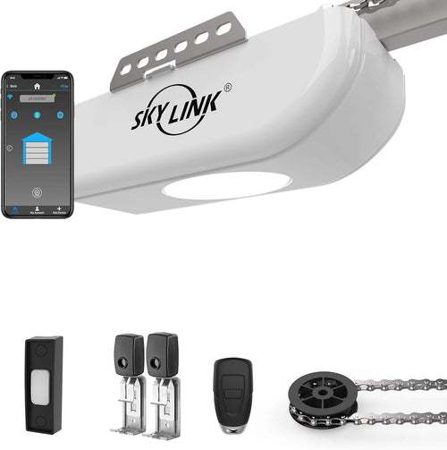 1/2 horsepower garage door opener, equipped with Alexa function, featuring ultra-quiet DC motor, chain drive and supporting WiFi connection.