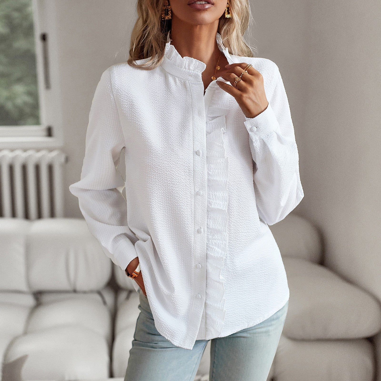 Bianca Striped Ruffle Button-Up Blouse