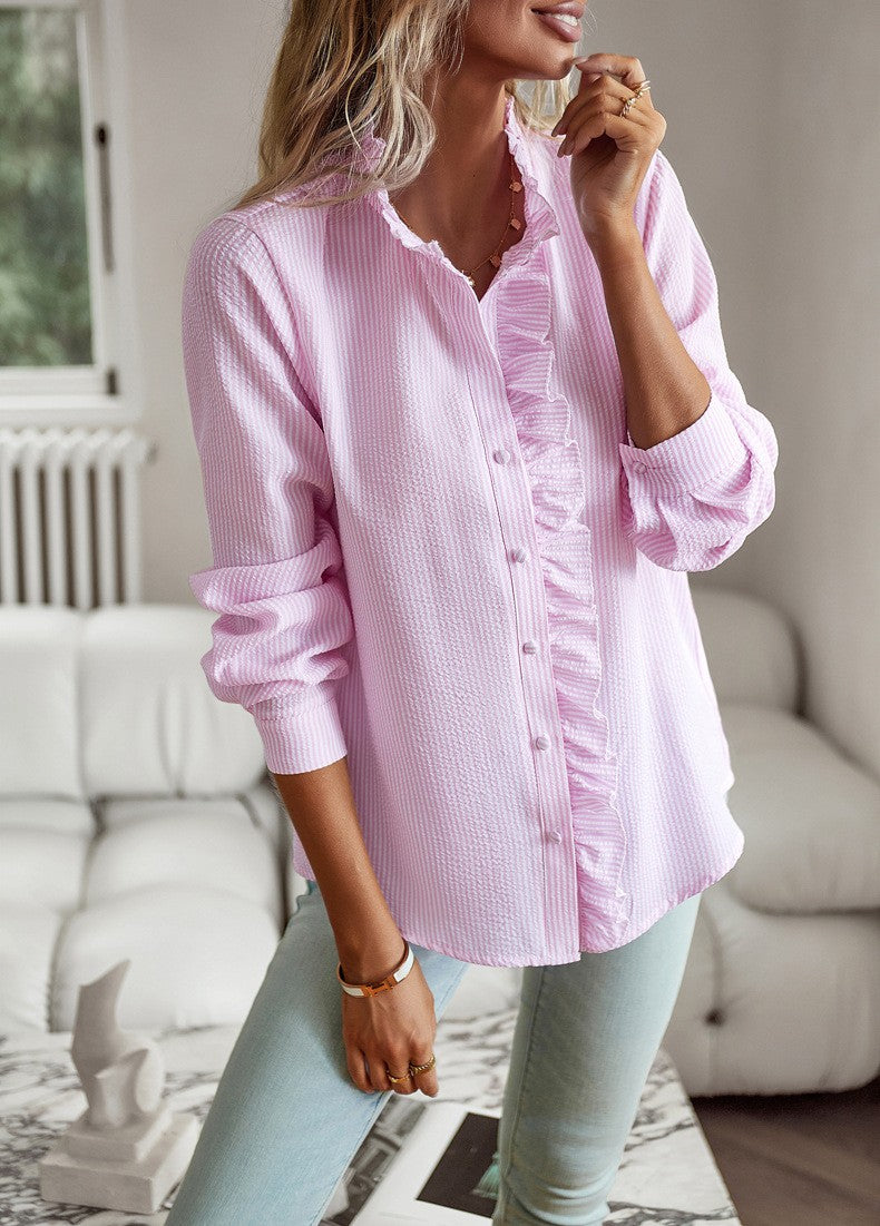 Bianca Striped Ruffle Button-Up Blouse