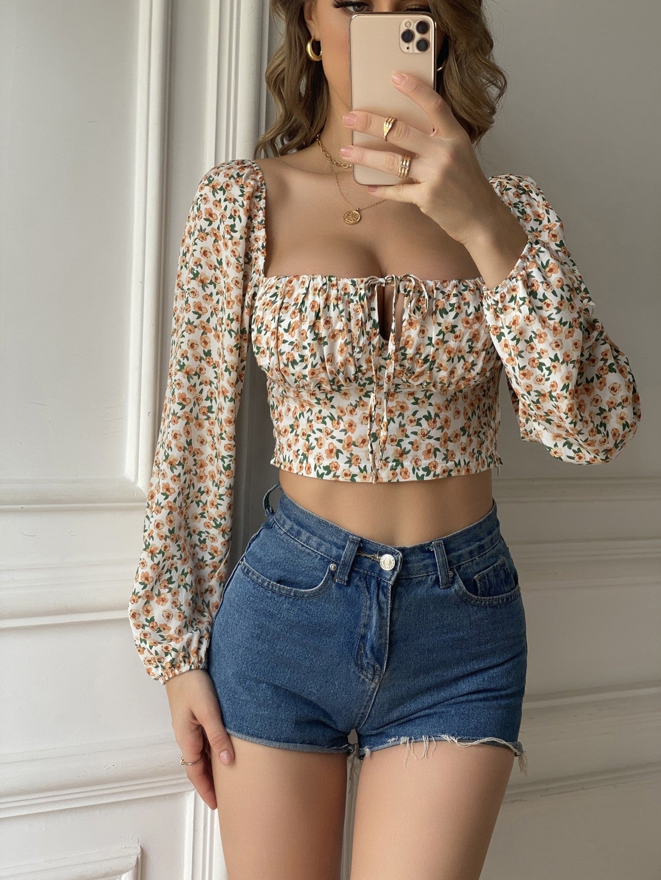 Dahlia Boho Floral Square-Neck Crop Blouse
