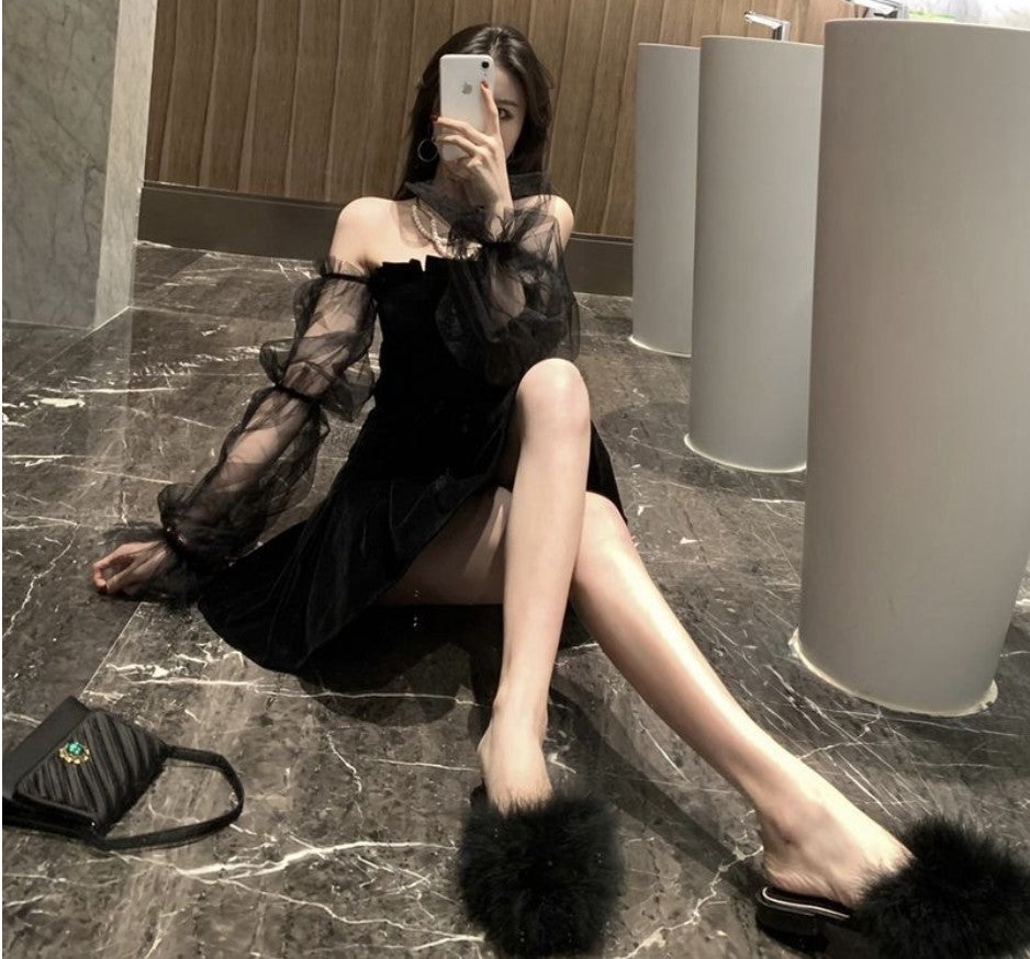 Elara Mesh Bubble-Sleeve Off-Shoulder Dress